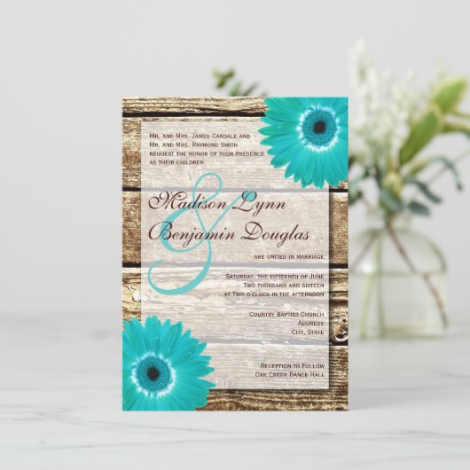 Bois rustique Turquoise Gerber Daisy Invitations d (Debout devant)