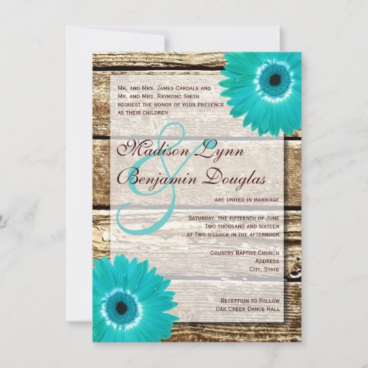 Bois rustique Turquoise Gerber Daisy Invitations d (Devant)