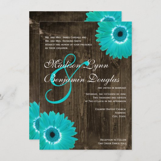 Bois rustique Turquoise Gerber Daisy Invitations d (Devant / Derrière)