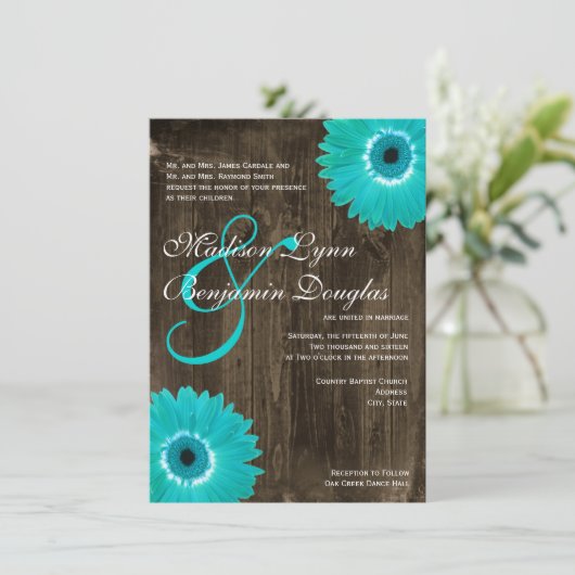 Bois rustique Turquoise Gerber Daisy Invitations d (Debout devant)