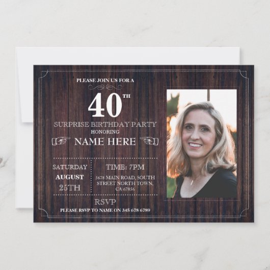 Bois Surprise fête d'anniversaire 40e Invitation N (Devant)