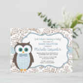 boisé garçon baby shower invitation hibou brun ble (Debout devant)