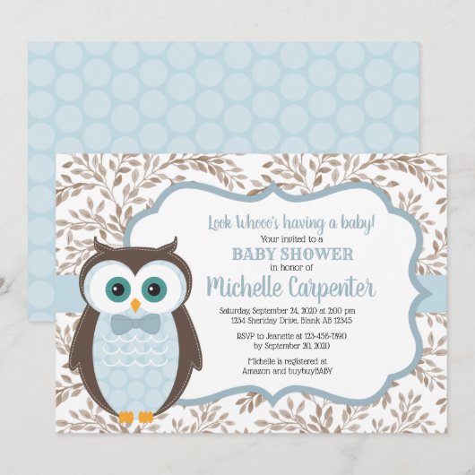 boisé garçon baby shower invitation hibou brun ble (Devant / Derrière)