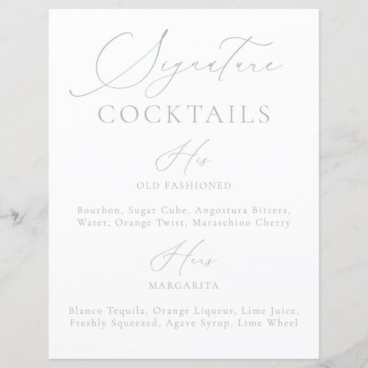 Boisson Signature Menu de mariage Sage Green & Whi (Devant)