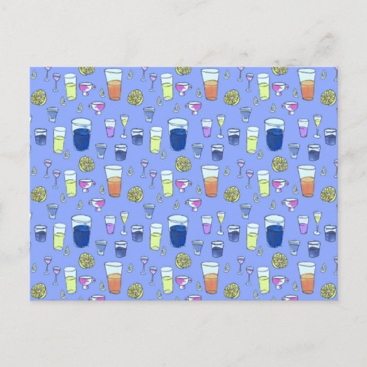 Boissons mixtes sur carte postale bleue (Devant)