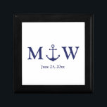 Boîte À Souvenirs ancre nautique mariage marine bleu blanc monogramm<br><div class="desc">Ancrage nautique mariage marine bleu et blanc initiales monogramme boîte cadeau design élégant minimaliste texte personnalisable vérifier le reste de la collection pour les faveurs,  étiquettes cadeaux,  autocollants,  phoques,  étiquettes,  fournitures de fête,  sacs cadeaux,  boîtes cadeaux,  cartes,  etc grand pour la plage côtière de bord de mer Mariages</div>