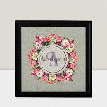 Boîte À Souvenirs Anneau Floral vintage Monogramme personnalisé Text<br><div class="desc">Élevez votre style avec notre Vintage Floral Custom Monogram Design. Le bel arrière - plan floral et le centre de l'anneau rose complexe font de ce design se démarquer pour toutes les occasions. Customisez vos initiales ou tout texte que vous voulez créer un monogramme unique et personnel qui vous représente...</div>