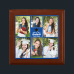 Boîte À Souvenirs Bleu Graduate Photo Collage Custom Graduate<br><div class="desc">Cette boîte cadeau de collage de photo moderne bleu pour diplômés comprend vos 6 photos préférées d'étudiants. Ce cadeau de remise de diplômes tient compte de la typographie blanche et classe de votre nom de lycée ou de collège pour la classe de 2025. Customisez ce design avec votre année de...</div>