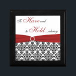 Boîte À Souvenirs Boîte à miniature rouge, noir, blanc Damas Anniver<br><div class="desc">Cette boîte à bijoux en damas noir et blanc personnalisable a un ruban FAUX rouge et broche à bijoux dessus et la phrase "Avoir et tenir", qui en ferait une boîte cadeau d'anniversaire mariage idéal pour stocker un cadeau d'anniversaire surprise, ou laissez-le être le cadeau lui-même pour votre personne spéciale...</div>