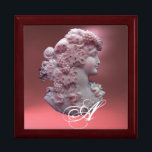 BOÎTE À SOUVENIRS CAMEO ANTIQUE, DAME AVEC MONOGRAMME DE PÂTES<br><div class="desc">Bijou cammeo ancien élégant avec un profil femme magnifique avec cheveux longs orné de raisins et de vignes pour la récolte de vignoble avec pierre de gemme rose.Partie de "Fruits de saison".Ce design classe est parfait pour les nutritionnistes,  diététistes,  traiteurs,  service alimentaire,  préparation ou restaurant,  restauration,  industrie vinicole.</div>