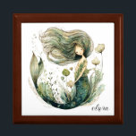 Boîte À Souvenirs Carrelage en céramique personnalisé Magique Sirène<br><div class="desc">Une sirène magique à l'aquarelle blanche customisée de votre nom. Cheveux flottants,  style plante sous-marin illustratif. Un cadeau pour n'importe quelle fille. Choisissez la couleur de votre boîte dans les sélections.</div>