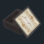Boîte À Souvenirs De Première Qualité Beige & Brown Vintage Damas & Fils Floraux<br><div class="desc">D'élégants damas vintages et des tourbillons fleuris dans les tons marron et beige clair. monogramme personnalisé et facultatif</div>