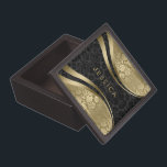 Boîte À Souvenirs De Première Qualité Tons Noir Et Or Floral Damas<br><div class="desc">Elégant monogramed noir et or tonalités damas florales avec bandes dynamiques décoratives.</div>