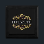 Boîte À Souvenirs Élégant Monogram noir Gold Office School<br><div class="desc">Un élégant coffret cadeau noir et or fleuri. Ajoutez votre nom entre la floraison dorée sur le devant. Conçu pour vous par Blackberry Boulevard.</div>