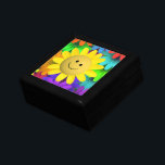 Boîte À Souvenirs Fleurs à visage joyeux<br><div class="desc">Fleur adorable et mignonne de visage heureux jaune reposant sur un lit de fleurs aux couleurs néons vives. Coloré et gai.</div>