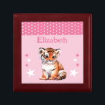 Boîte À Souvenirs Jolies étoiles tigres ajouter nom rose keepsar<br><div class="desc">Garder boîte cadeau pour les enfants. Personnalisez avec un nom. Avec un tigre mignon,  pois et étoiles avec les couleurs rose et blanc.</div>