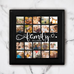 Boîte À Souvenirs Modern Family Script 20 Photo Collage Chic Black<br><div class="desc">Plateau de collage photo personnalisé moderne avec espace pour 20 photos entourant un script tourbillonnant tendance lisant FAMILY et votre nom personnalisé ci-dessous.</div>
