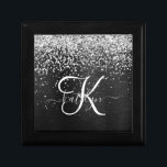 Boîte À Souvenirs Monogramme à étincelle noire à Parties scintillant<br><div class="desc">Personnalisez facilement ce design élégant et tendance de boîte cadeau avec une jolie parties scintillant brillante en argent sur un arrière - plan métallique brossé noir.</div>