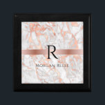 Boîte À Souvenirs Monogramme noir et nom, marbre d'or blanc et Rose<br><div class="desc">Un design élégant à personnaliser avec nom noir et grand monogramme noir sur bande or rose sur marbre or blanc et rose.</div>