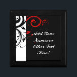 Boîte À Souvenirs Noir Blanc Rouge Inverse Swirl Personnalisé<br><div class="desc">Ajoutez votre texte spécial à ce logiciel de design à rotation inverse rouge noir et blanc. Grand comme un souvenir mariage à garder, ou une faveur pour la fête de mariage, parents ou invités spéciaux. Arrière - plan noir avec vignes blanches et tourbillons dans un style design contemporain et élégant....</div>