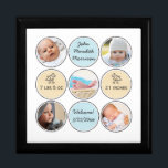 Boîte À Souvenirs Photo Collage Baby Boy Nom du bébé, état de naissa<br><div class="desc">Personnalisez ce gardien merveilleux avec 5 photos personnalisées de votre nouveau-né, encadrées de cercles ludiques et d'un arrière - plan neutre blanc. (Les photos Instagram fonctionnent bien !) Ajoutez facilement des détails faire-part de naissance - Nom, date de naissance, poids et hauteur. De mignons canards bébé ornent les deux cercles...</div>