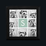 Boîte À Souvenirs Photo Collage personnalisé Monogramme Mention vert<br><div class="desc">Vous pouvez utiliser des photos Instagram pour cette conception. Utilisez 8 photos carrés pour créer un cadeau unique et personnel. Ou vous pouvez garder le chiot hipster et faire un gardien branché. Si vous avez besoin d'ajuster les images,  cliquez sur l'outil personnaliser pour apporter des modifications.</div>