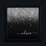 Boîte À Souvenirs Script Monogram Girly Name<br><div class="desc">Scénario de Parties scintillant à étincelles noir et argent Monogramme Nom Bijoux Boîte à étincelles. Cela fait le cadeau parfait de remise de diplômes,  anniversaire,  mariage,  douche nuptiale,  anniversaire,  baby shower ou bachelorette pour quelqu'un qui aime le luxe glam et les styles chic.</div>