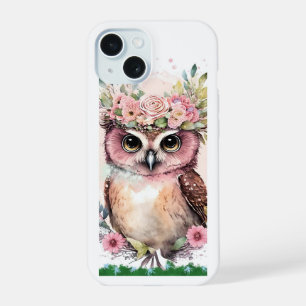 Boîtier iPhone 15 avec chouette mignonne et fleurs