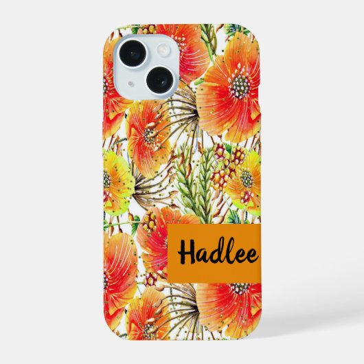 Boîtier iPhone 15 avec fleurs orange et jaune (Verso)