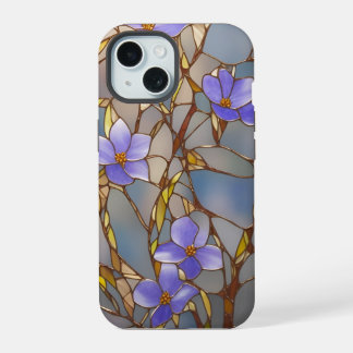Boîtier iPhone 15 Fleurs Violettes en Verre Cathéd