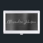 Boîtier Pour Cartes De Visite Black Metallic Foil Entreprise moderne<br><div class="desc">Noir Foil Metallic Acier Inoxydable Minimaliste Porte-carte de visite avec typographie de signature de script en lettres blanches pour le monogramme. Les détenteurs de cartes d'affaires Foil Metal peuvent être customisés avec votre nom. Veuillez contacter le concepteur pour customiser les articles correspondants.</div>