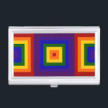 Boîtier Pour Cartes De Visite Carrés arc-en-ciel<br><div class="desc">Montrez votre amour de la couleur avec des arcs-en-ciel géométriques alternatifs. Une série de carrés rouges, oranges, jaunes, verts, bleus, indiens et violets rayonnent du centre de ce design festif. De chaque côté du carré principal sont des moitiés de 2 carrés arc-en-ciel avec les couleurs séquencées en ordre inverse. numériquement...</div>