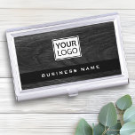 Boîtier Pour Cartes De Visite Carte de visite du logo personnalisé en bois foncé<br><div class="desc">Cartes de visite de logo moderne et noir sur mesure avec imprimé,  texture de grain en bois foncé.</div>