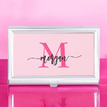 Boîtier Pour Cartes De Visite Chaud rose moderne Script Girl Monogramme Nom<br><div class="desc">Faites une déclaration professionnelle avec notre Hot Pink Modern Script Girly Monogramme Nom Business Card Case! Cette coque élégante et élégante présente un design rose chaud audacieux, personnalisé avec votre nom dans un élégant script moderne pour une touche chic et personnalisée. Parfait pour transporter et protéger vos cartes de visite,...</div>