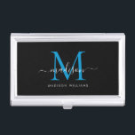 Boîtier Pour Cartes De Visite Élégant Monogramme Bleu Océan Noir Nom du script<br><div class="desc">Élégant noir brillant océan bleu Monogramme Girly Script Nom de la carte de visite</div>