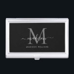 Boîtier Pour Cartes De Visite Élégant noir gris argenté Monogramme Nom du script<br><div class="desc">Élégant Noir Argent Ardoise Gris Monogramme Girly Script Nom de la carte de visite</div>