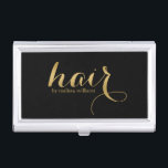 Boîtier Pour Cartes De Visite Elégante conception de texte de cheveux noirs et d<br><div class="desc">Elégant noir arrière - plan et tons or Design de texte de cheveux. Nom personnalisable pour coiffeur stylist.</div>