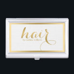 Boîtier Pour Cartes De Visite Elégante conception de texte en or et en cheveux b<br><div class="desc">Elégant blanc et or tons Hair design texte nom personnalisable pour coiffure styliste. Texture arrière - plan blanche.</div>