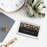 Boîtier Pour Cartes De Visite Golden Lights | Personalized<br><div class="desc">Elegant business card holder features your name and/or business name in modern white lettering on a rich black background. Strands of golden string lights are crisscrossed at the top,  with a blurred bokeh effect.</div>