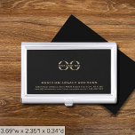 Boîtier Pour Cartes De Visite Logo personnalisé noir simple<br><div class="desc">Améliorez votre jeu de réseautage avec ce coque carte de visite simple, élégant et professionnel. L'arrière - plan élégant dispose de votre logo, nom de l'entreprise, adresse, coordonnées et site Web dans la typographie classique dorée dans les tiers inférieurs ajoutent une touche de sophistication à vos interactions commerciales. Restez organisé...</div>