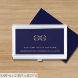 Boîtier Pour Cartes De Visite Logo personnalisé simple<br><div class="desc">Améliorez votre jeu de réseautage avec ce coque carte de visite simple, élégant et professionnel. L'arrière - plan bleu marine présente votre logo, le nom de l'entreprise, l'adresse, les coordonnées et le site Web dans la typographie dorée classique dans les tiers inférieurs ajoutent une touche de sophistication à vos interactions...</div>