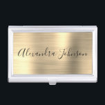 Boîtier Pour Cartes De Visite Luxe d'entreprise Gold Foil Moderne<br><div class="desc">Porte-carte de visite minimaliste en acier inoxydable à huile d'or avec typographie de signature en écriture blanche pour le monogramme. Les détenteurs de cartes d'affaires Foil Metal peuvent être customisés avec votre nom. Veuillez contacter le concepteur pour customiser les articles correspondants.</div>