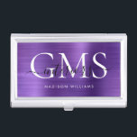 Boîtier Pour Cartes De Visite Métal brossé moderne violet foncé 3 Monogrammes Sc<br><div class="desc">Élégant moderne violet foncé brossé monogramme de métal Script de carte de visite</div>