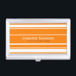 Boîtier Pour Cartes De Visite Motif géométrique moderne orange et blanc<br><div class="desc">Design moderne élégant, motif géométrique rayures blanches et oranges. Le carnet carte de visite et tout produit correspondant peuvent être demandés avec cette conception. Si vous avez besoin d'aide pour customiser un de mes designs, contactez le concepteur ArtOnWear. Mise en forme de texte gratuite avec aide en direct disponible sur...</div>