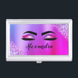 Boîtier Pour Cartes De Visite Purple Pink Monogram Glitter Eyelashes<br><div class="desc">Faux violet et rose Parties scintillant à étincelles métalliques brossé Monogramme en métal Nom et cils initiaux (cils), extensions d'oreillettes et porte-cartes d'affaires des yeux. Cela rend le cadeau parfait pour 16 ans, mariage, douche nuptiale, anniversaire, baby shower ou bachelorette cadeau pour quelqu'un décorant sa chambre dans le style cool...</div>