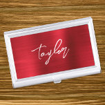 Boîtier Pour Cartes De Visite Rose Rouge Foil Moderne Brush Script Prénom<br><div class="desc">Un porte-coque carte de visite de prénom pour elle. Le script est un joli, brosse trait moderne script manuscrit qui est un cadeau parfait. Le style de brosse décorative peut être centré si votre nom a besoin d'un emplacement différent de ce prénom populaire millénaire pour les filles. Vous pouvez également...</div>