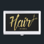 Boîtier Pour Cartes De Visite Salon moderne de manuscrit d'or de coiffeur<br><div class="desc">Porte-cartes de carte de visite élégant d'or de coiffeur de salon moderne de manuscrit.</div>