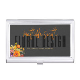 Boîtier Pour Cartes De Visite Sophisticated Floral Design Black Orange Flowers