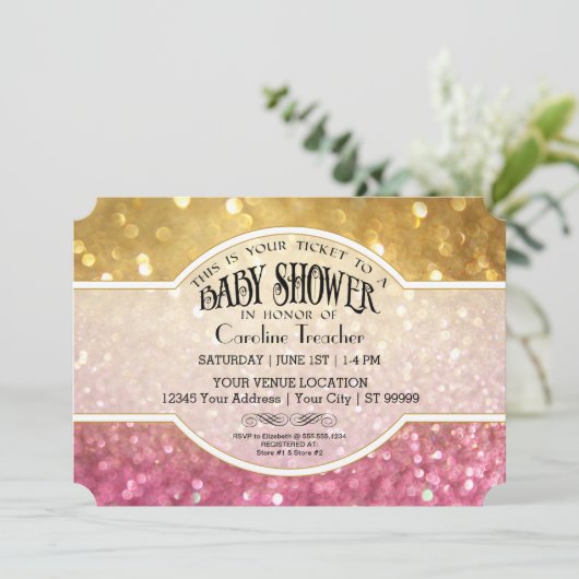 Bokeh Baby Filmpremière Ticket Style Roze Glitter Kaart (Staand voorkant)