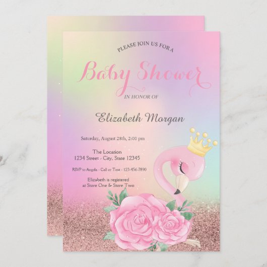 Bokeh, Baby roze flamingo Holographic Baby shower Kaart (Voorkant / Achterkant)